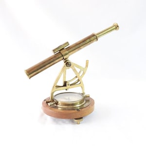 Massief messing alidade-kompas - vintage theodoliet met telescoop, waterpas, gradenboog, nautisch instrument en bureaudecoratie cadeau