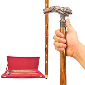 Antique Spiral Brown Wooden Walking Stick with Brass Lion Handle, Cane for Men & Women –Includes a Stylish Gift Box for Gifting Anyone