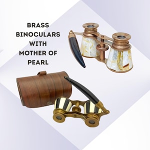 Handcrafted Brass Binoculars with Genuine Mother of Pearl Inlay ,With Leather Box ,Vintage Nautical Decor, Collectible,or Elegant Gift