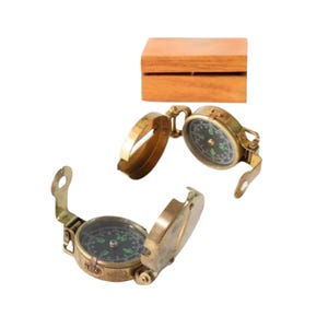 Vintage Brass Pocket Compass with Wooden Box: Nautical Decor Collectible