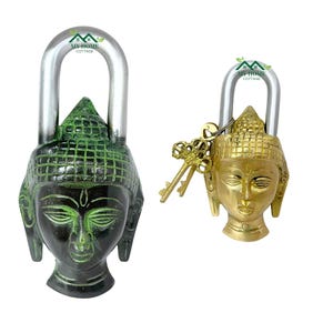 Antique Brass Buddha Padlock: Vintage Decorative Lock with Keys