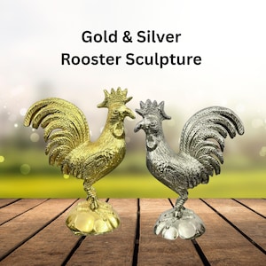 Golden & Silver Rooster Sculpture: Elegant Metal Bird Figurine