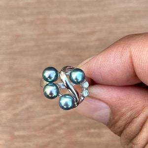 Anillo solitario de perla de Tahití, 4 perlas de plata de ley 925, anillo de bodas de perla de Tahití, anillo de perla negra para energía positiva, anillo de promesa