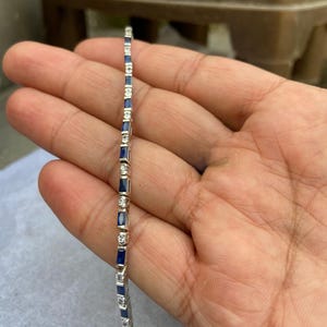 Handmade Blue Sapphire Tennis Bracelet | White Gold Plated Dainty Bracelet | Eternity Design Bracelet | Gift For Her | Anniversary Presents