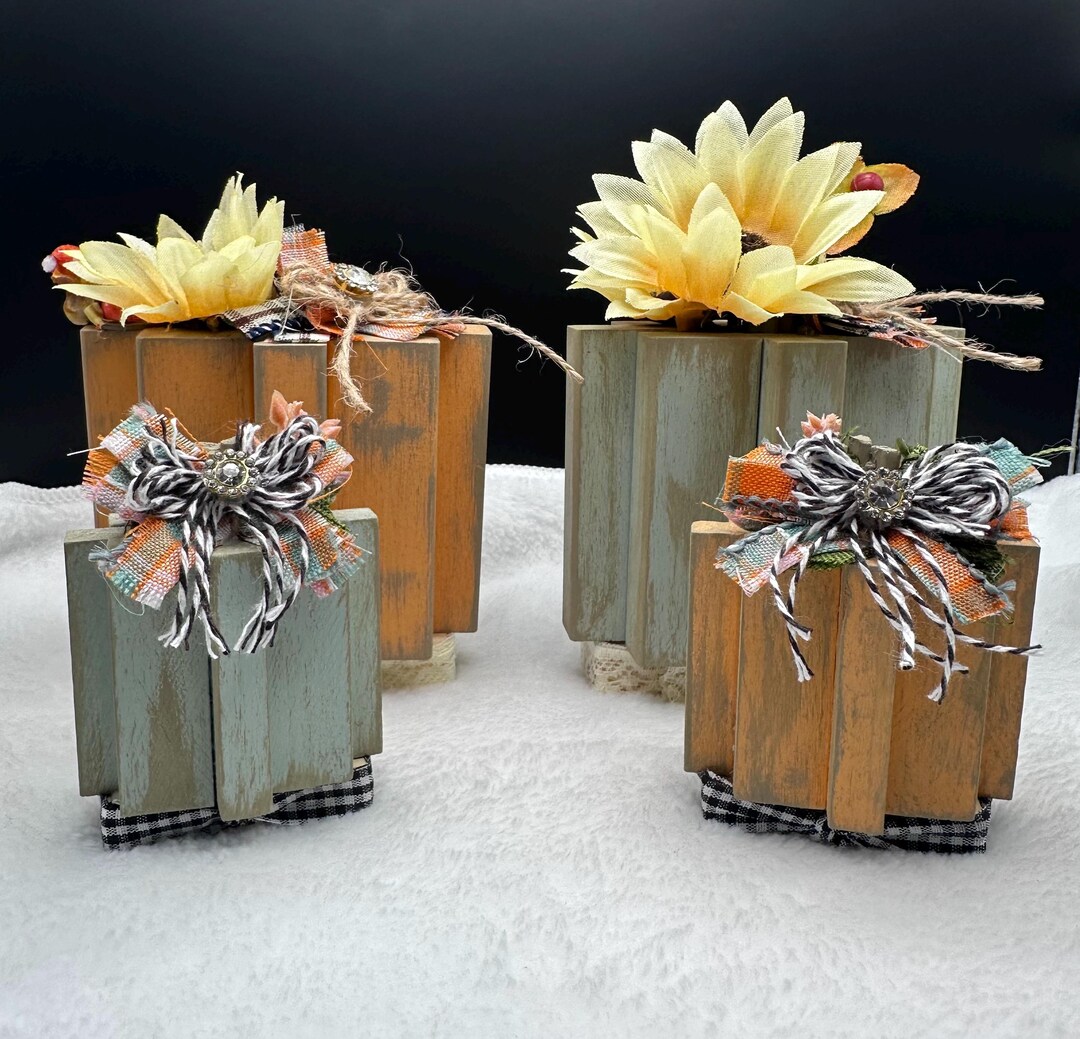Rustic Wooden Pumpkin Block Set – Farmhouse Fall Decor With Sunflowers ...