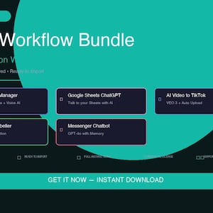 May include: A digital graphic titled N8N Workflow Bundle featuring five automation workflows: Personal Life Manager, Google Sheets ChatGPT, AI Video to TikTok, Gmail Auto Labeller, and Messenger Chatbot, set against a dark background with teal accents.