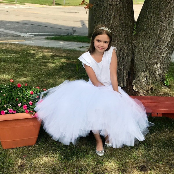 Flower Girl Skirt, Sewn tutu, White skirt, Birthday party, Halloween costume, Dress Skirt, Pageant, Wedding, Custom colors, Dance, long tutu