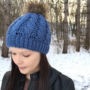 Fur Pom Pom Crochet Cable Hat, Fits Teens to Women, Custom order, Custom colors, Custom pom pom, Winter Beanie, Photo Prop