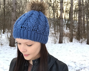 Fur Pom Pom Crochet Cable Hat, Fits Teens to Women, Custom 