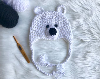 Polar Bear Hat, Crochet hat, Animal hat, white bear hat, polar plunge photography prop winter newborn hat baby shower gift, toddler hat