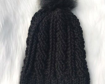 Black crochet cable hat with black fur pom Pom, women’s knit hat, teen hat winter Christmas gift toque unique gift handmade knit wear