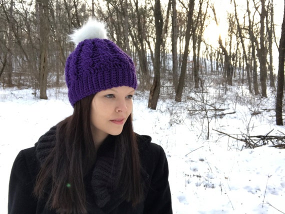 Fur Pom Pom Crochet Cable Hat, Fits Teens to Women, Custom  display picture 1