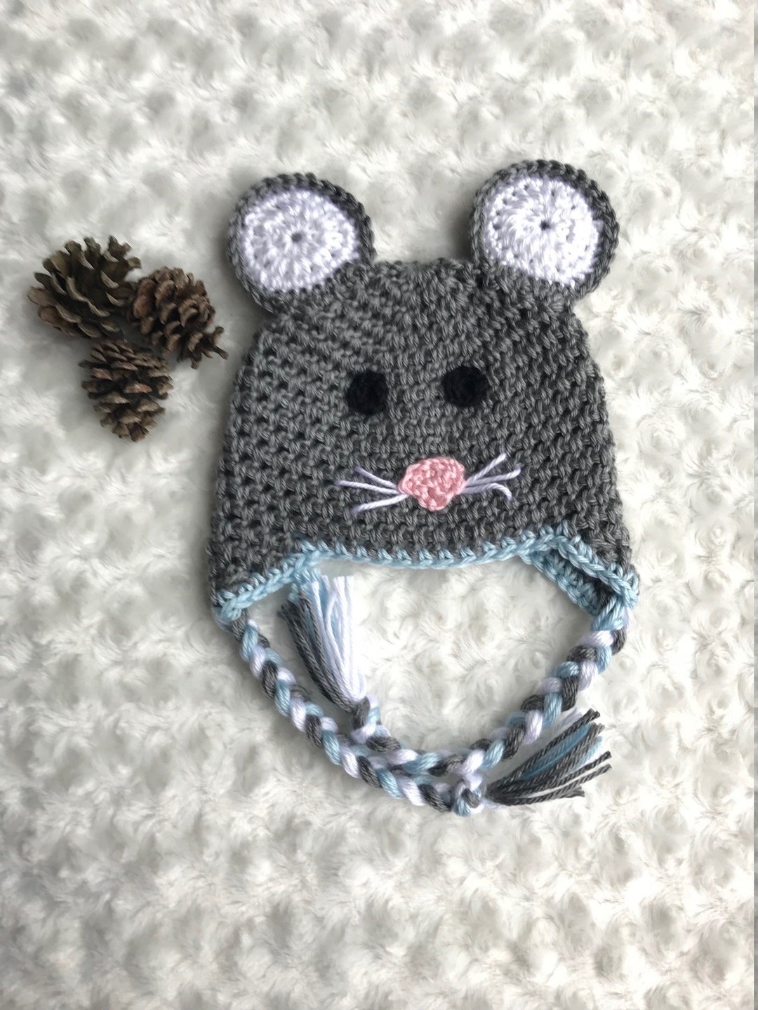 Crochet Mouse Hat, Gray and Blue Hat, Winter Hat, Fall Hat