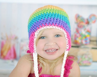 Rainbow Hat, Newborn to Womens hat, photography prop, winter hat, fall hat, crochet hat. Earflap hat, hat with braids, Girls hat, toque