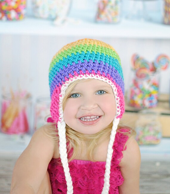 Rainbow Hat, Newborn to Womens hat, photography prop, winter hat, fall hat, crochet hat. Earflap hat, hat with braids, Girls hat, toque