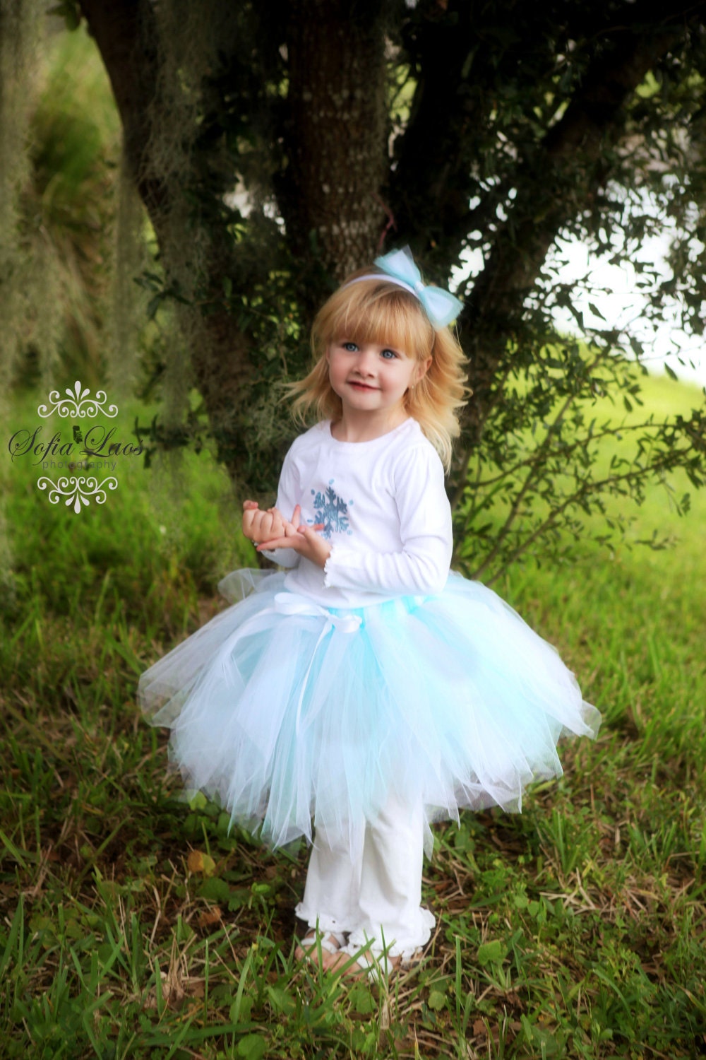 White dress with blue tutu skirt with a print main image 1