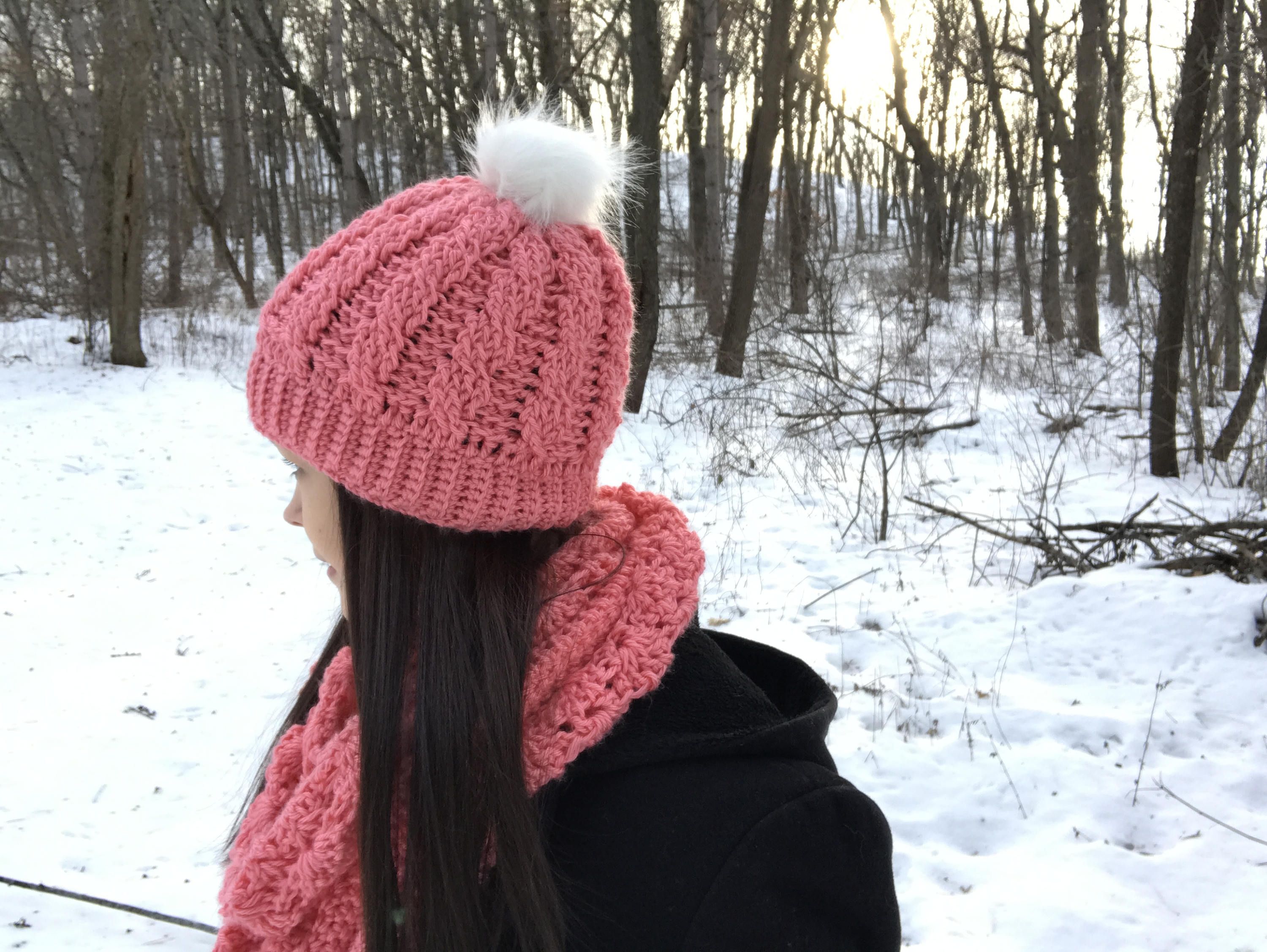 Cable Knit Crochet Beanie Hat Handcrafted With Faux Fur Pom Handmade Purple Red Women main image 4
