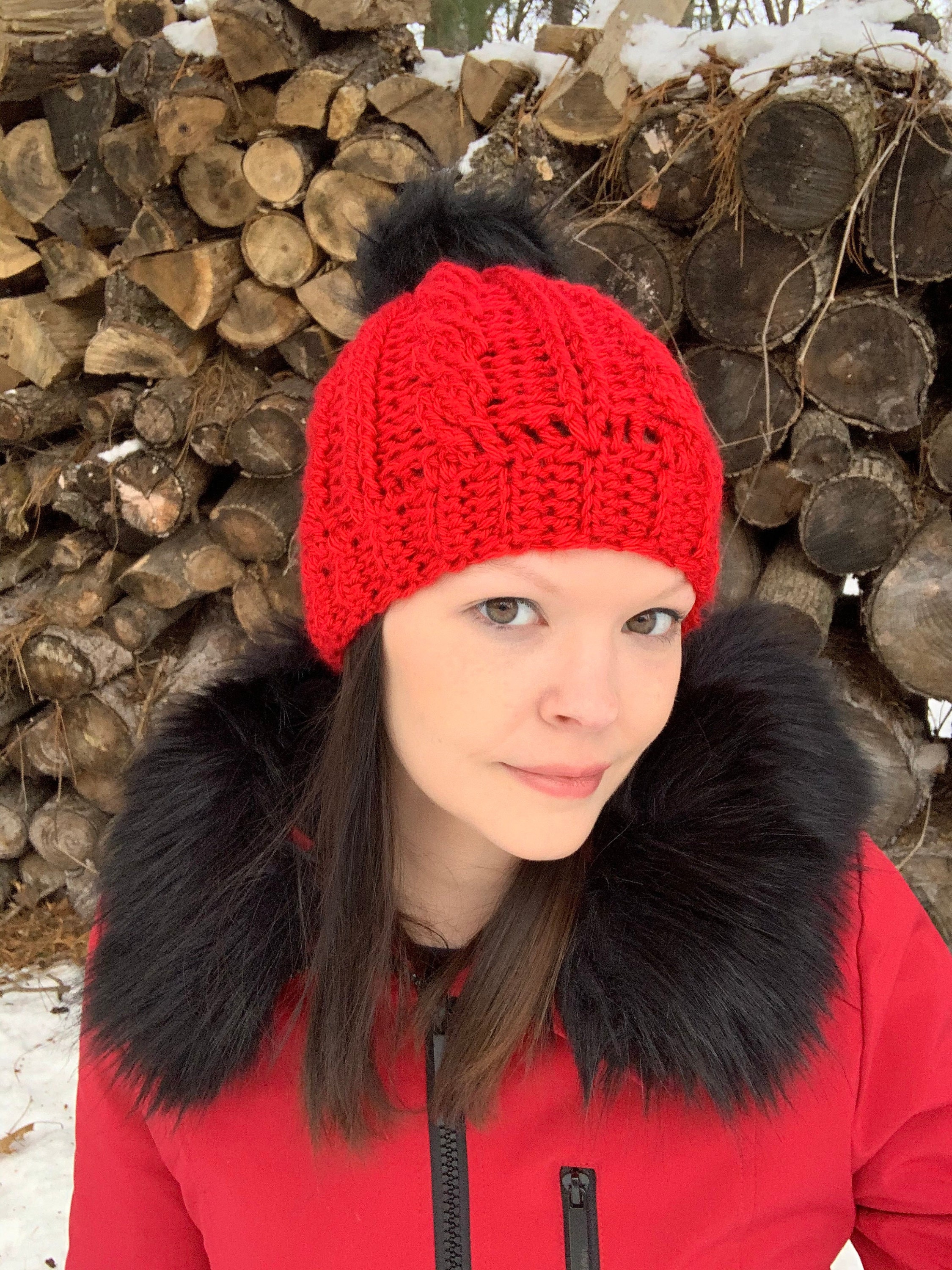 Cable Knit Crochet Beanie Hat Handcrafted With Faux Fur Pom Handmade Purple Red New England Patriots ♥️?? Perfect to root the Patriots  main image 4