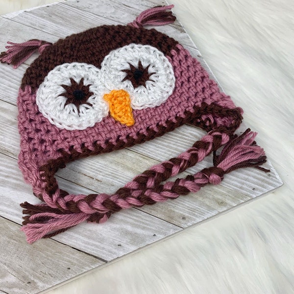 Girls Owl Hat, Plum wine & Brown, Preemie to womens, photography prop, winter hat, newborn hat, baby shower gift, baby hat, toddler hat,