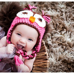 Girls Owl Hat, Pink and Brown, Preemie to adult hat, photo prop, winter hat, newborn hat, baby shower gift, baby hat, toddler hat, Hospital