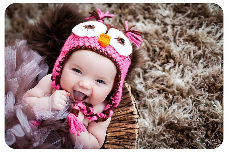 Girls Owl Hat Pink & Brown Preemie to womens photography image 0