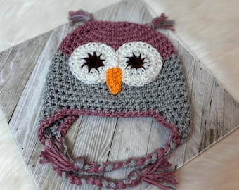 Girls Owl Hat, Gray and Plum Wine, Preemie to adult hat, photo prop, toddler winter hat, baby shower gift, baby hat, Christmas gift