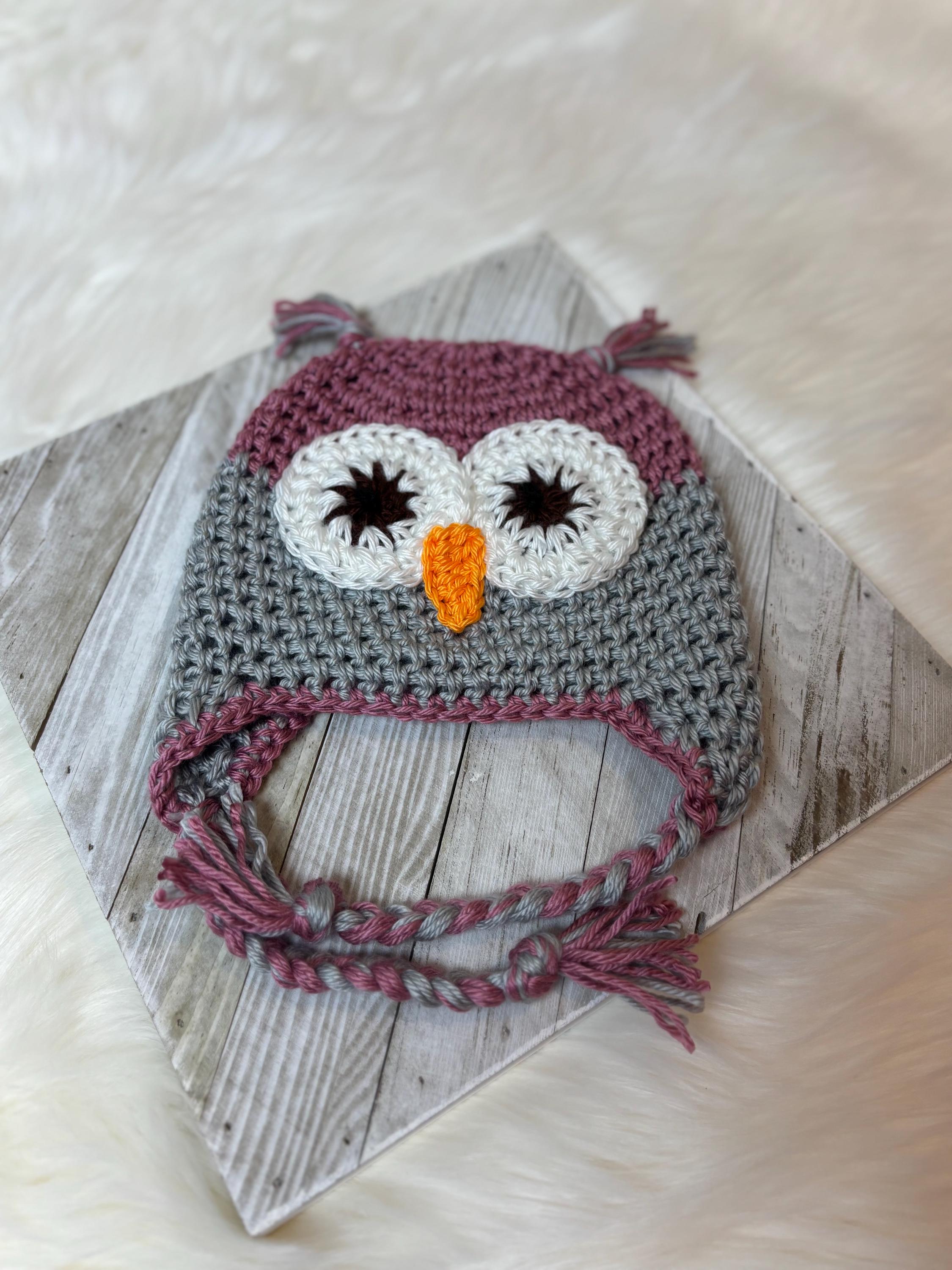 Girls Owl Hat, Gray and Plum Wine, Preemie to adult hat, photo prop, toddler winter hat, baby shower