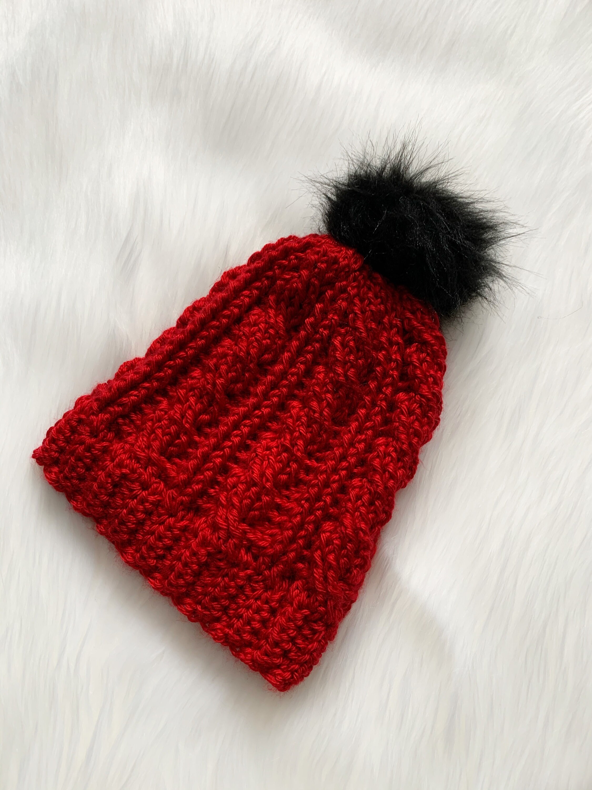 Cable Knit Crochet Beanie Hat Handcrafted With Faux Fur Pom Handmade Purple Red Women main image 2