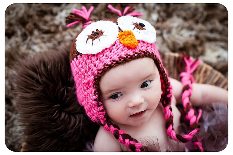 Girls Owl Hat Pink & Brown Preemie to womens photography image 4