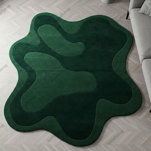 Deep Green Irregular Hand Tufted Abstract Amoeba Shape Wool Rugs for Living Room, Modern Wavy Layered Design Custom Area Kids Room Rugs 6x9