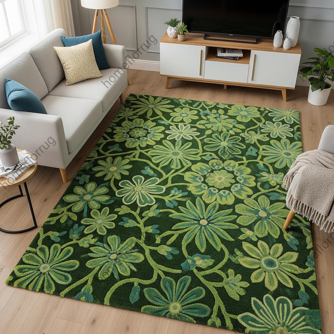 Forest Green Floral Hand Tufted Wool Area Rug for Living Room, Modern ...