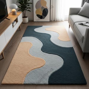 Hand Tufted Teal Blue Abstract Wool Rug: Modern Wavy Design