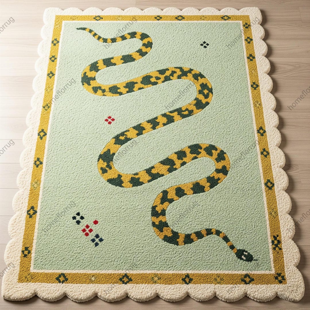 Whitesnake Rug Green off White Snake Design Hand Tufted Scallop Border Rugs for Living ...