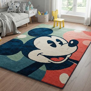 Multicolored Mickey Mouse Hand Tufted Whimsical Wool Area Rugs for Kids Room Nursery, Modern Cartoon Pattern Colorful Handmade Play Room Rug