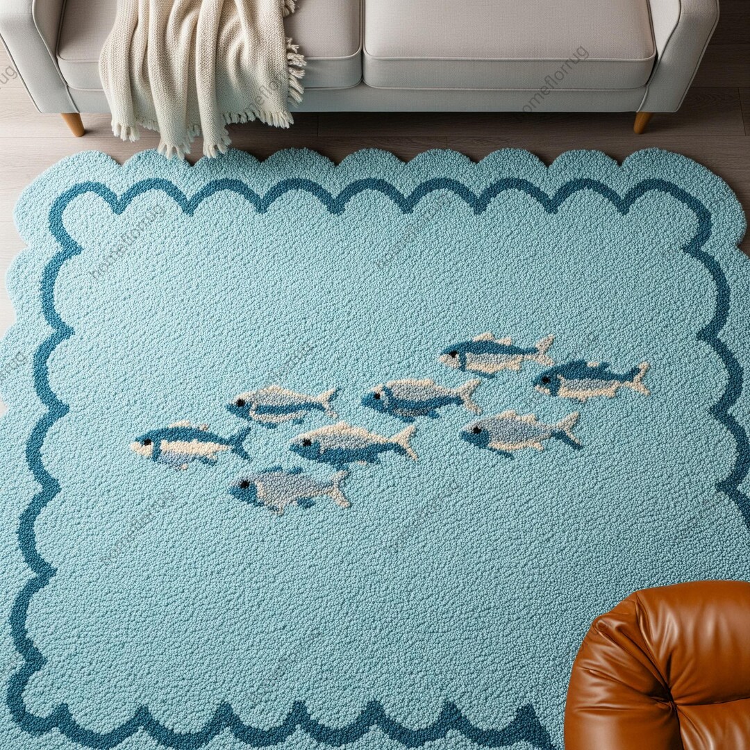 Sword Fish Rug Hand Tufted Wool Rug, Light Blue Fish, Scalloped Ocean Theme - Etsy