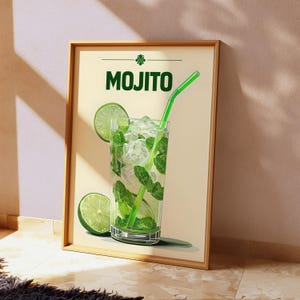 Odświeżający plakat artystyczny Mojito, dekoracja koktajlowa, sztuka ścienna do kuchni, wydruk Summer Vibes, dekoracja domu na plaży, prezent dla barmanów
