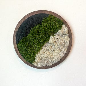 May include: A round wooden wall hanging with a natural, organic design. The piece features three sections of preserved moss in black, green, and off-white, arranged in diagonal stripes. The wooden frame is a dark brown color.