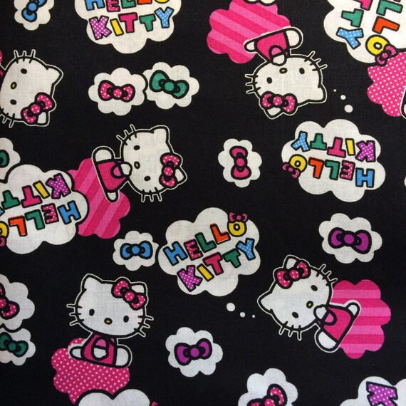 Fabric Hello Kitty Oop Cotton Pink Black Background Fat Etsy