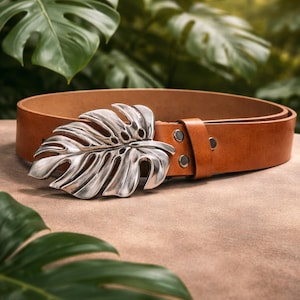 French Monstera Leaf Belt Buckle, Silver Tone Zamak, 1.5 Inch Botanical Accessory