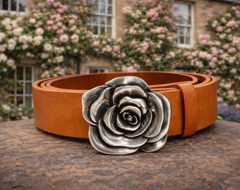 Rose Flower Belt Buckle – Polished Silver Finish