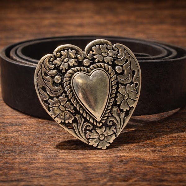 Floral Heart Western Belt Buckle | Antique Silver Finish, Made in Spain