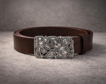 Vintage Leather Belt with Silver Metal Floral Buckle Jynqra Engraved Flower Buckle Belt Vintage Western Belt  main image 4