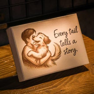 May include: A rectangular box with a sepia-toned illustration of a person hugging a dog. The dog is smiling, and the text "Every tail tells a story" is written in black cursive. The box is on a wooden surface.
