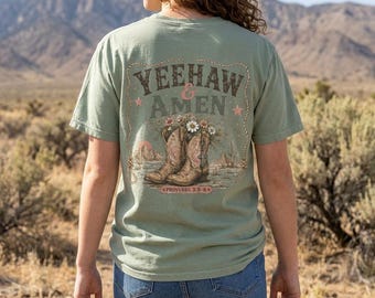 Yeehaw & Amen Cowboy Boots Floral T-Shirt | Western Christian Graphic Tee with Proverbs 3:5-6 Scripture | Boho Country Comfort Colors Tee