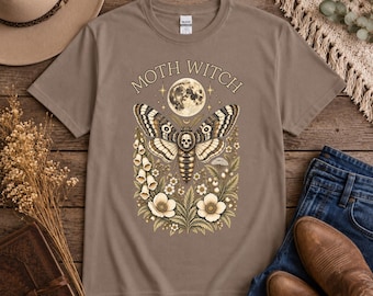 Moth Witch T-Shirt - Gothic Witchy Aesthetic Tee, Dark Cottagecore Shirt, Celestial Moon & Stars Top, Wiccan Goblincore Nature Gift