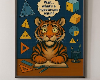 Funny Geometry Poster, Tiger Mascot Confused by Geometry, Classroom Wall Art, Teacher Gift, Back to School Decor, Physical Print
