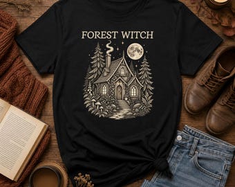 Forest Witch Cottagecore T-Shirt | Dark Cottagecore Witchy Graphic Tee | Vintage Witch House Full Moon Shirt, Gothic Witch Aesthetic