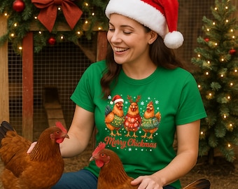 Frohes Chickmas Huhn-T-Stück, lustiges Weihnachtshühner-Shirt, Bauernhoftier-Liebhaber-Geschenk, gemütliches Feiertags-Humor-Oberteil, festliches Geflügel-T-Stück, Hinterhof