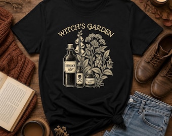 Witch's Garden Dark Cottagecore T-Shirt, Gothic Botanical Tee, Unisex Witchy Shirt, Vintage Apothecary Top, Dark Floral Tee