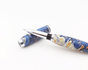 Blue Wood Rollerball Pen, Handmade Pen